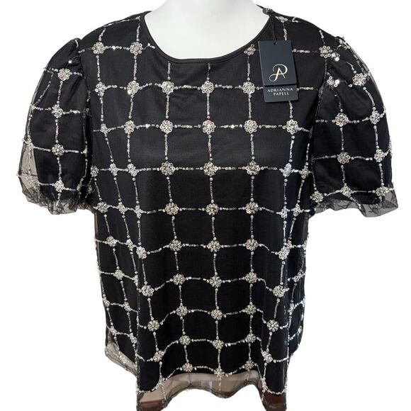 Adrianna Papell Tops - Adrianna Papell Beaded Mesh Top Black Sequin Puff Sleeve Sheer Blouse NWT Sz L​